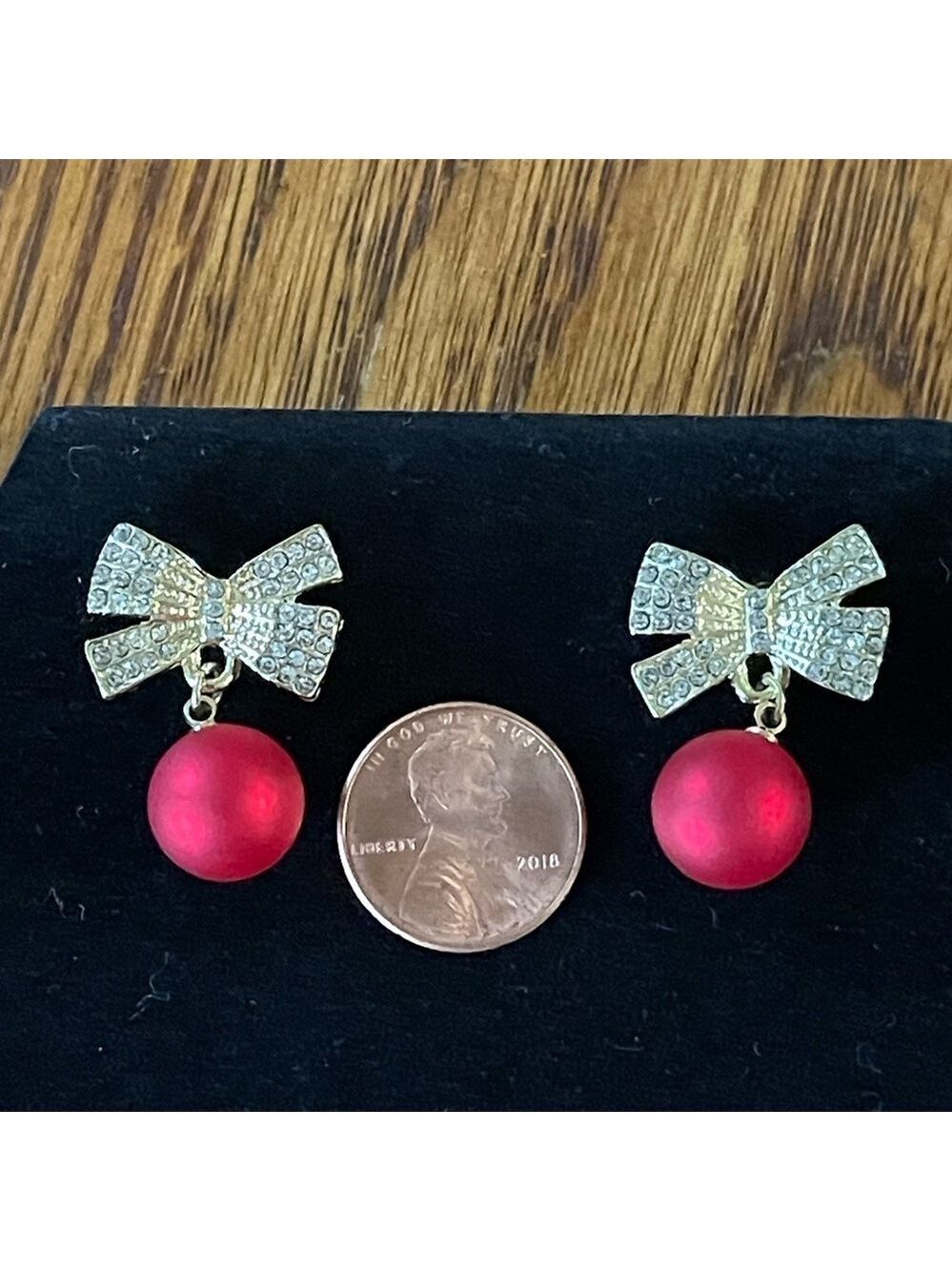 Earrings Red Ornament With Bow Gold Tone With Rhinestones Christmas Holiday - Picture 4 of 6